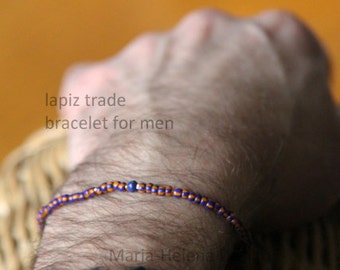 lapiz trade bracelet for men - mens orange and blue small bead bracelet with a blue gem and gold center - Maria Helena Design