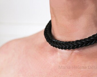 Thick handwoven leather choker in black with sterling silver clasp - Maria Helena Design