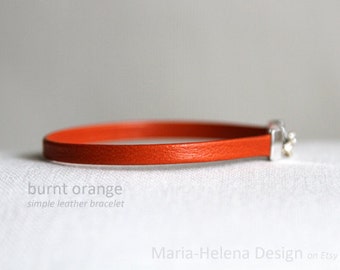 burnt orange flat leather bracelet for men - mens soft burnt orange leather bracelet with sterling silver lock
