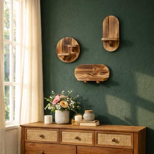 Könnte beinhalten: Drei Wandregale aus Holz in verschiedenen Formen sind an einer dunkelgrünen Wand befestigt. Ein rundes Regal mit zwei Ebenen, ein ovales Regal und ein hohes, schmales Regal. Unter den Regalen befindet sich eine Holzkommode mit gewebten Schubladenfronten.