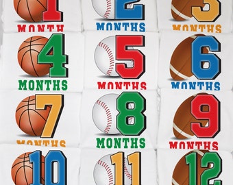 Sports Monthly Baby Onesie Set, 12 Month Set, Football, Softball, & Basketball