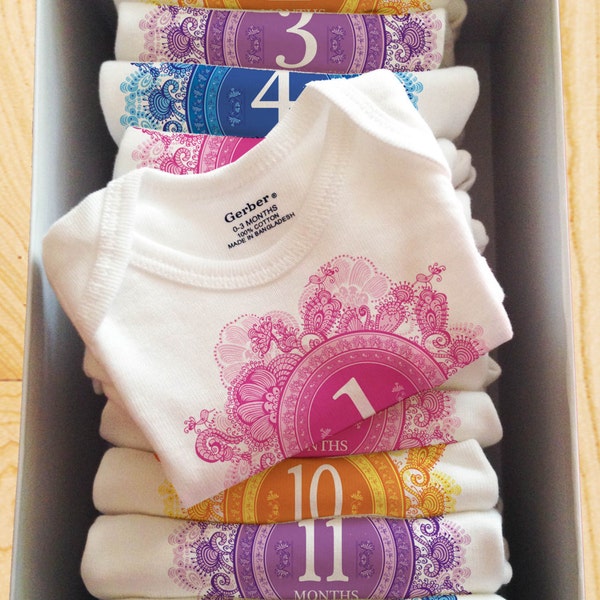 Ornate Colorful Baby Girl Monthly Onesies, 12 Month Set, Perfect Baby Shower Gift