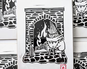 Domovoy House Spirit Linocut Print | Hand-printed Art From NC