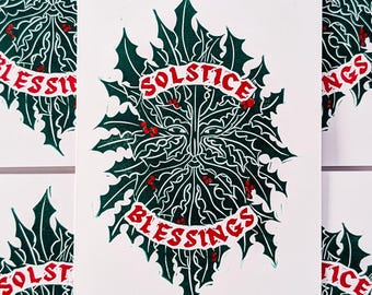 Holly King Solstice Linocut Card | Hand-printed Art from NC