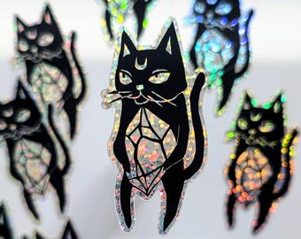 Crystal Cat Linocut-style Sticker | holographic glitter
