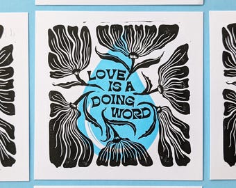 Love is a Doing Word Linocut Print | Handprinted Art from NC