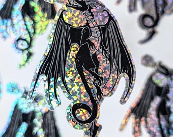 Dragon Linocut-style Sticker | holographic glitter