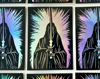 Black Rider Linocut-style Sticker | holographic vinyl