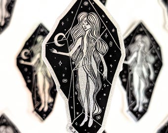 Goddess Crystal Linocut-style Sticker | holographic glitter