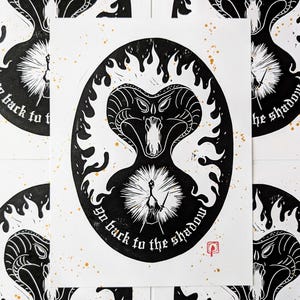 Fire Demon Battle Linocut Print | Hand-printed Art From NC