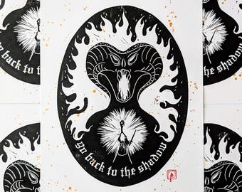 Fire Demon Battle Linocut Print | Hand-printed Art From NC