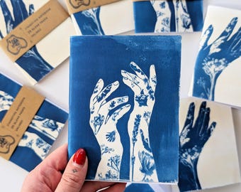 Diario de bolsillo de cianotipo Botanical Hands / Arte impreso a mano de Carolina del Norte
