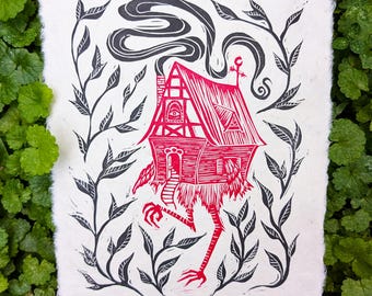 Baba Yaga Linocut Print | Hand-printed Art from NC