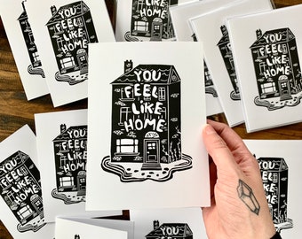 You Feel Like Home Handmade Linocut Greeting Card A7 Gift Special Occasion House Block Print Artwork Design