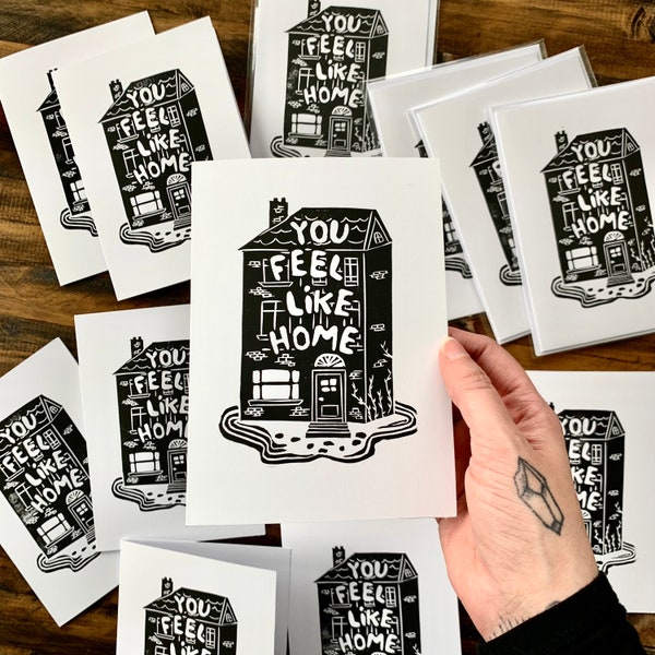 You Feel Like Home Handmade Linocut Greeting Card A7 Gift Special Occasion House Block Print Artwork Design