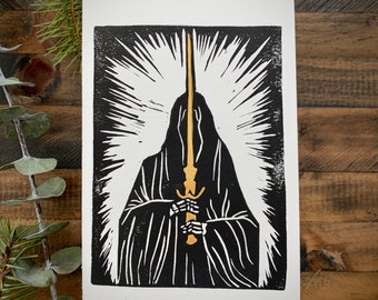 Grabado en linóleo acrílico "Jinete Negro" / Arte impreso a mano de Carolina del Norte