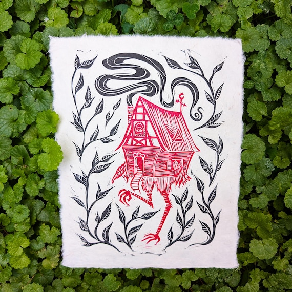 Baba Yaga Linocut Print | Hand-printed Art from NC