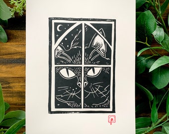 Yule Cat Linocut Print | Hand-printed Art From NC