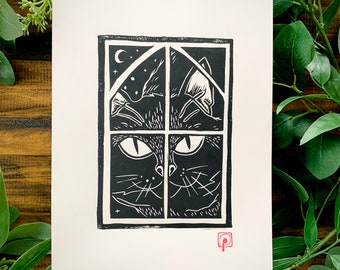 Chat de Noël Jólakötturinn 8 x 10 linogravure originale bloc impression cadeau de Noël folklore islandais oeuvre imprimée à la main