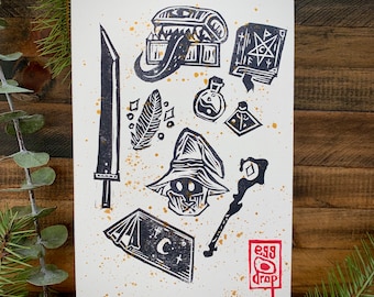 Fantasy RPG Linocut Print | Hand-printed Art From NC