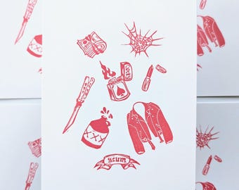 Scum Punk Flash Linocut Print | Hand-printed Art From NC
