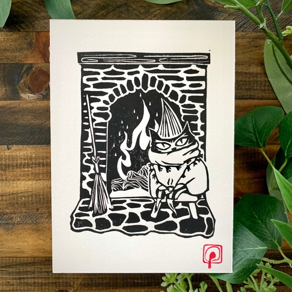 Domovoy 5x7 Original Linocut Block Print Fantasy Cat House Spirit Handprinted Gift Artwork