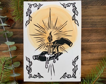 Light Offering Linocut Watercolor Print | Hand-printed Art From NC