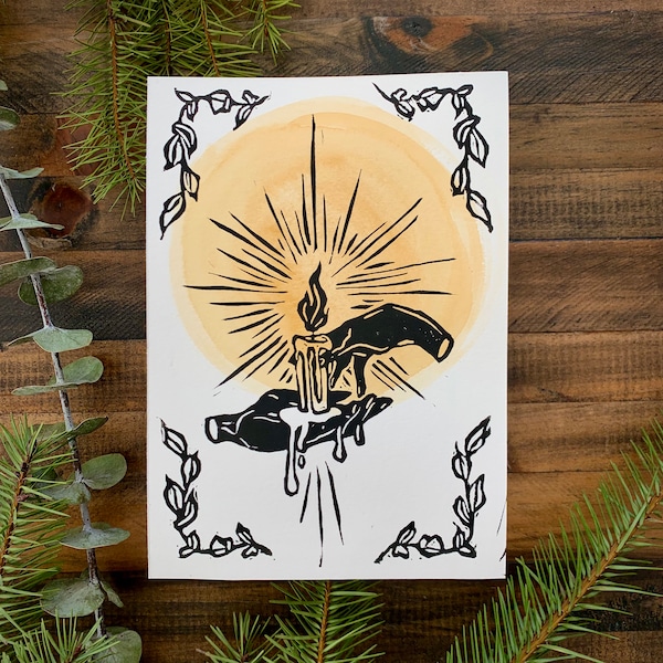 Light Offering 5x7 Original Linocut Block Print Hands Holding Candle Handprinted Artwork Original Watercolor Background Winter Solstice