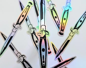 Ellie’s Switchblade Linocut-style Sticker | holographic vinyl
