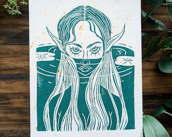 Rusalka Siren Linocut Print | Hand-printed Art From NC