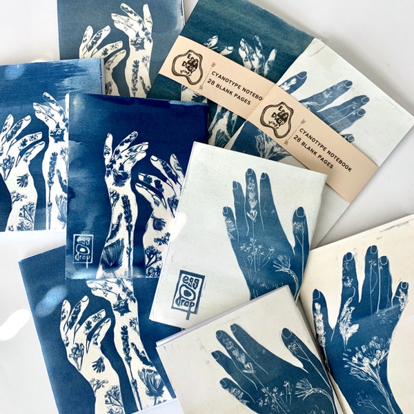 Botanical Hands Cyanotype Pocket Size Journal Handmade Original Lavender Flowers Design Sunprint Notebook Diary