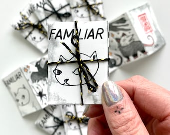 Familiar Accordion Mini Comic Zine Witches Pets Animals Watercolor Gothic Tiny Witchy Black and White Altar Decoration Gift