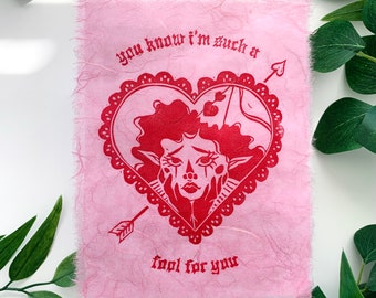 Fool For You Valentine’s Day 6x8 Linocut Block Print Elf Clown Hearts Cupid Girl Fantasy Handprinted Original Artwork
