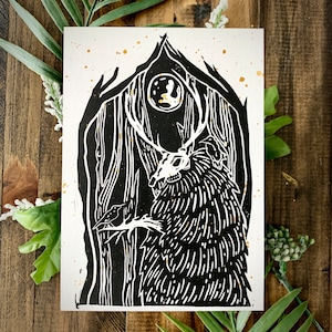 Leshy Forest Spirit - 5x7 - linoleografia stampata a mano su carta
