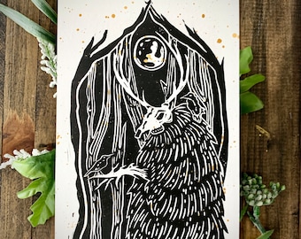 Leshy Forest Spirit Linocut Print | Hand-printed Art From NC