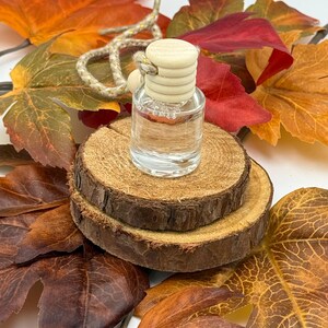 May include: A small, clear glass bottle with a wooden cap and a decorative rope, resting on two small wooden slices. The bottle is surrounded by colorful autumn leaves in shades of red, orange, and brown.