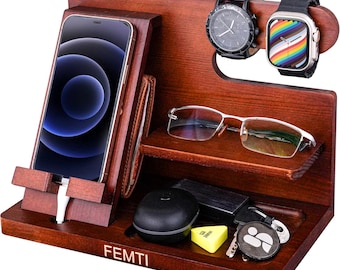 Pine Wood Phone Docking Station: Nightstand Organizer for Smartwatch & Glasses