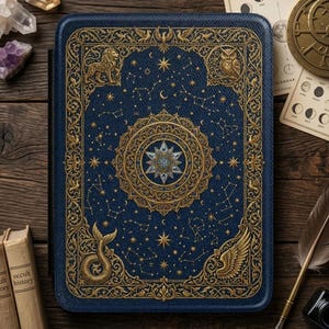 May include: A rectangular dark blue journal cover featuring intricate gold foil embossing of celestial constellations, a central star mandala, a lion, an owl, a mermaid tail, and winged motifs. The cover has a textured finish and ornate borders.