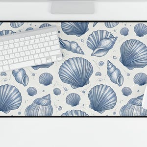 Coastal Desk Mat, Seashell Mouse Pad, Large Nautical Desk Blotter, Minimalist Neutral Office XL Extended Mousepad, Beach Office Gift. NW547