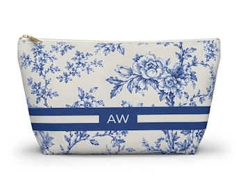 Personalized Toile Makeup Bag, Monogrammed Cosmetic Bag, Blue Chic Aesthetic Gift, Bridesmaid Proposal, French Country Floral. NW592