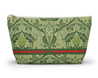 William Morris Inspired Makeup Bag, Personalized Floral, Green Botanical Cosmetic Bag, Monogram Gift, Vintage Cottagecore Aesthetic. NW601