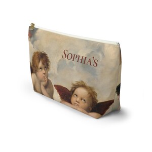 Personalized Angels Makeup Bag, Vintage Cherub Cosmetic Pouch, Cute Toiletry Bag, Coquette Aesthetic Travel Organizer, Gift for Her. NW610 image 5