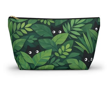 Kawaii Japanese Black Cat Toiletry Bag, Peeking Cat Makeup Pouch, Botanical Green Travel Cosmetic Case, Cat Mom Gift, Aesthetic Bag. NW488