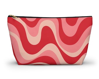 Retro Wavy Toiletry Bag, Pink Red Groovy Pouch, Large Dopamine Aesthetic Makeup Case, 70s Style Cosmetic Organizer, Preppy Gift. NW311