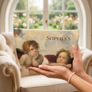 Personalized Angels Makeup Bag, Vintage Cherub Cosmetic Pouch, Cute Toiletry Bag, Coquette Aesthetic Travel Organizer, Gift for Her. NW610 image 2