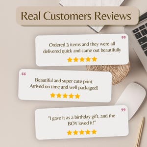 May include: Image featuring customer reviews with text: "Real Customers Reviews." Reviews include positive comments about quick delivery, beautiful prints, and gifts. Each review is accompanied by a five-star rating.