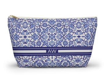 William Morris Style Makeup Bag, Personalized Blue Floral Cosmetic Case, Chinoiserie Inspired Pouch, English Garden Toiletry Bag. NW599