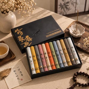 Op de afbeelding: Een zwarte rechthoekige geschenkdoos met twaalf cilindrische wierookkokers in verschillende kleuren, elk voorzien van Chinese karakters. Het deksel heeft gouden kalligrafie en een zwart vissilhouet. Een keramische wierookhouder met een brandend stokje staat ernaast.