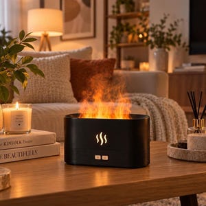 May include: A black rectangular essential oil diffuser featuring a glowing flame-like mist effect at the top and a small illuminated flame icon on the front panel. The device includes two small control buttons on the lower front surface.