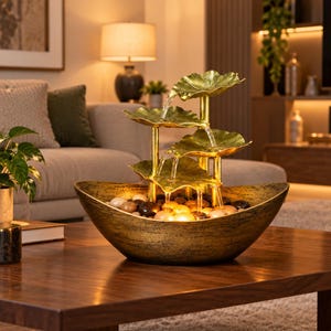 Puede incluir: Una fuente de agua de mesa de varios niveles con cuatro bandejas doradas en forma de hoja de loto dispuestas verticalmente. El agua fluye desde la hoja superior hasta la base, un cuenco ovalado ancho lleno de piedras de río lisas y pulidas.